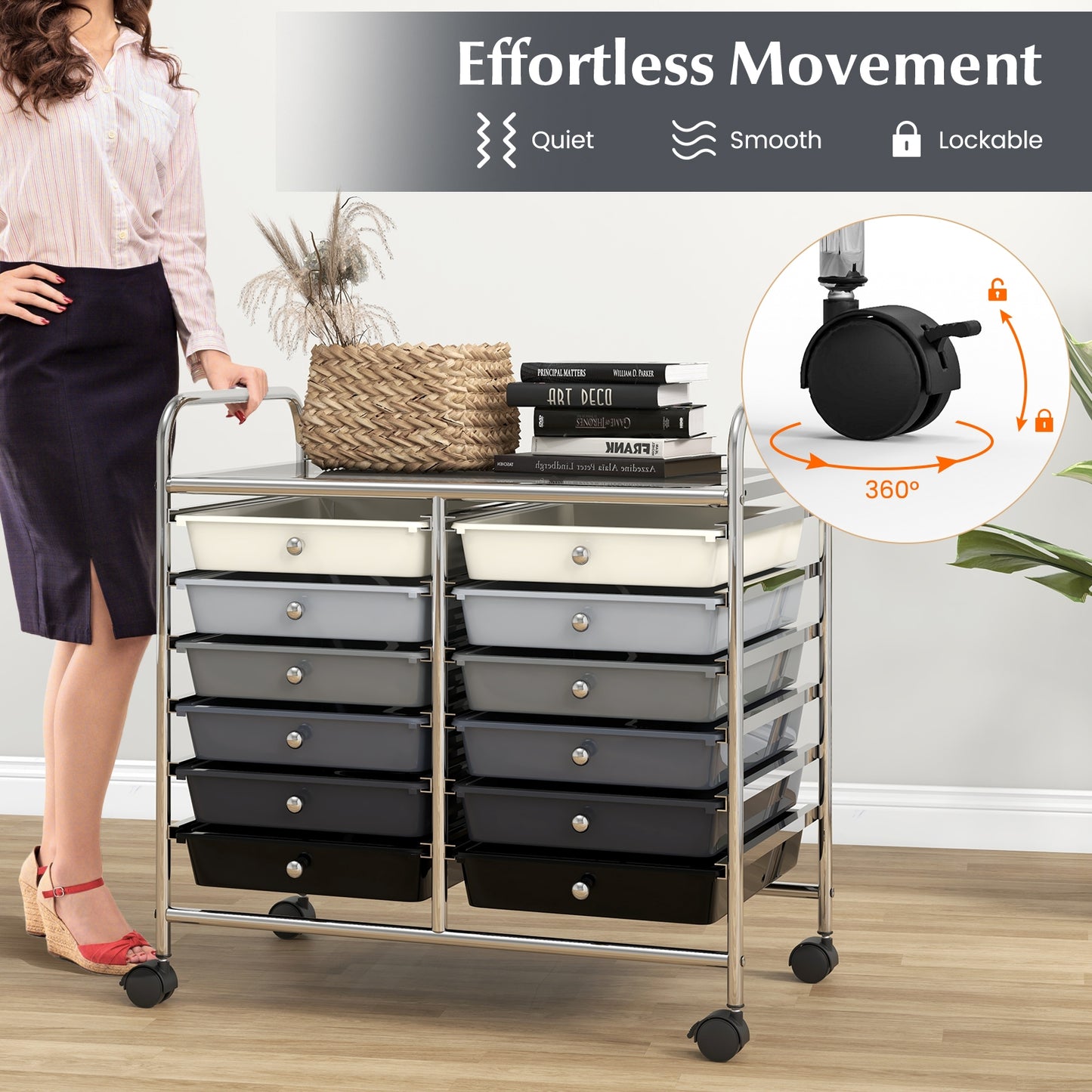 12 Drawers Rolling Storage Cart for Home and Office-Gradient Grey Kids Crystal