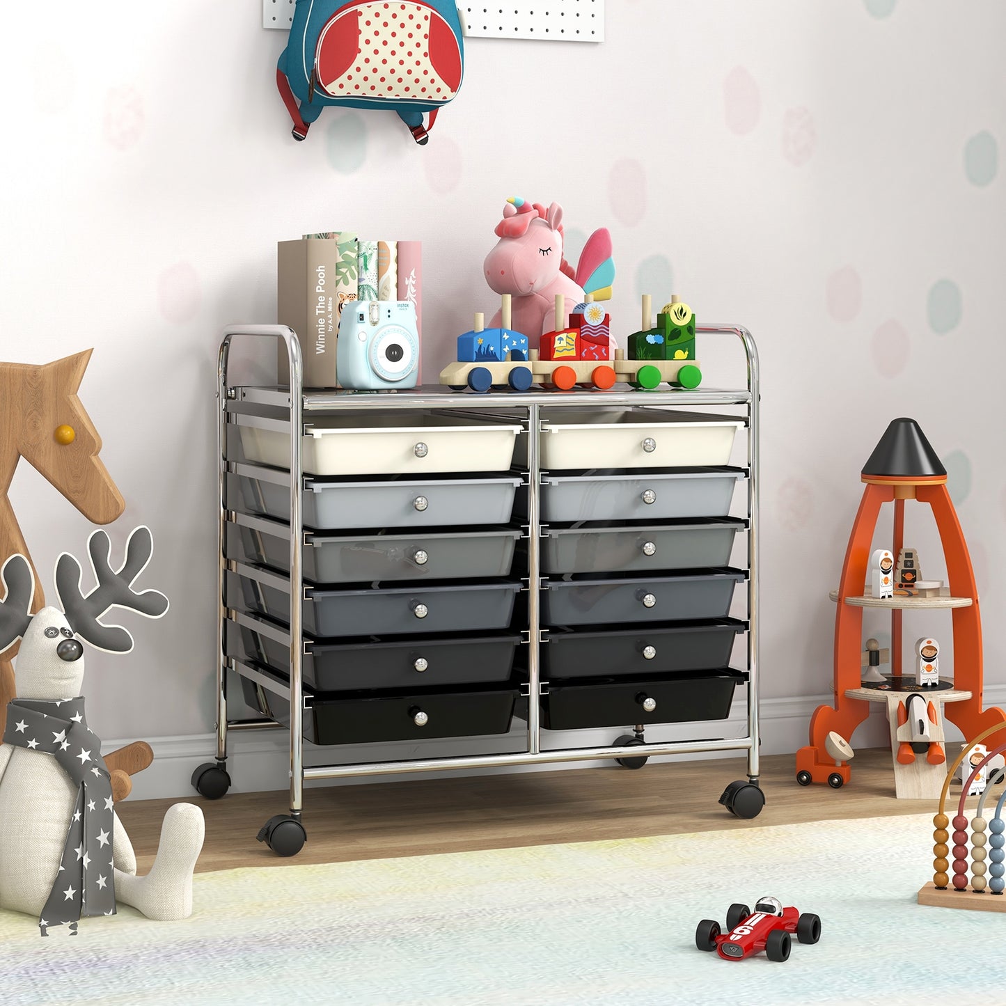 12 Drawers Rolling Storage Cart for Home and Office-Gradient Grey Kids Crystal