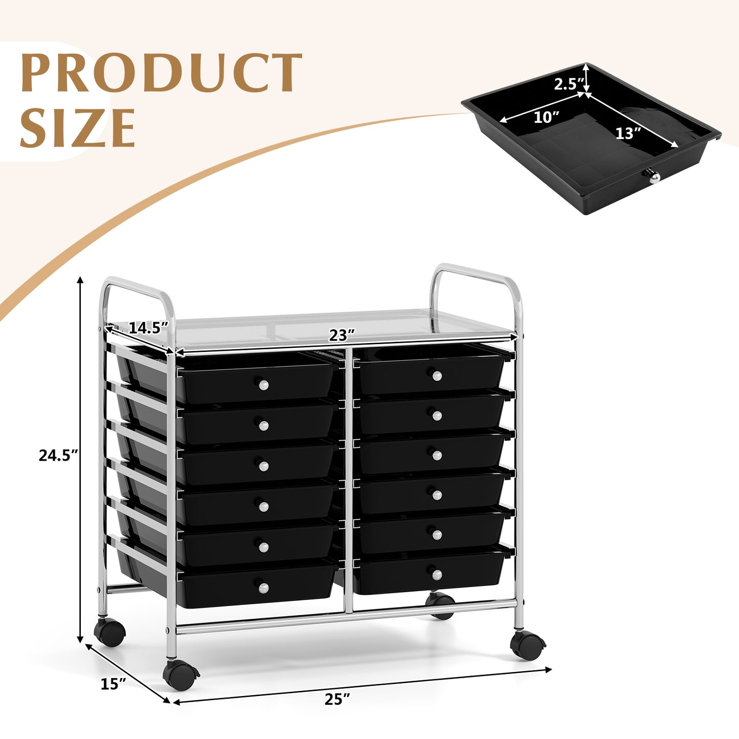 12 Drawers Rolling Storage Cart for Home and Office-Black Kids Crystal