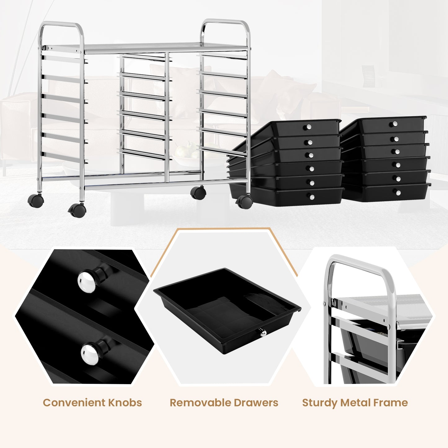 12 Drawers Rolling Storage Cart for Home and Office-Black Kids Crystal