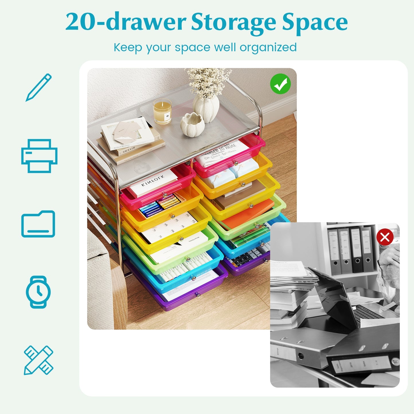 12 Drawers Rolling Storage Cart for Home and Office-Transparent Multicolor Kids Crystal