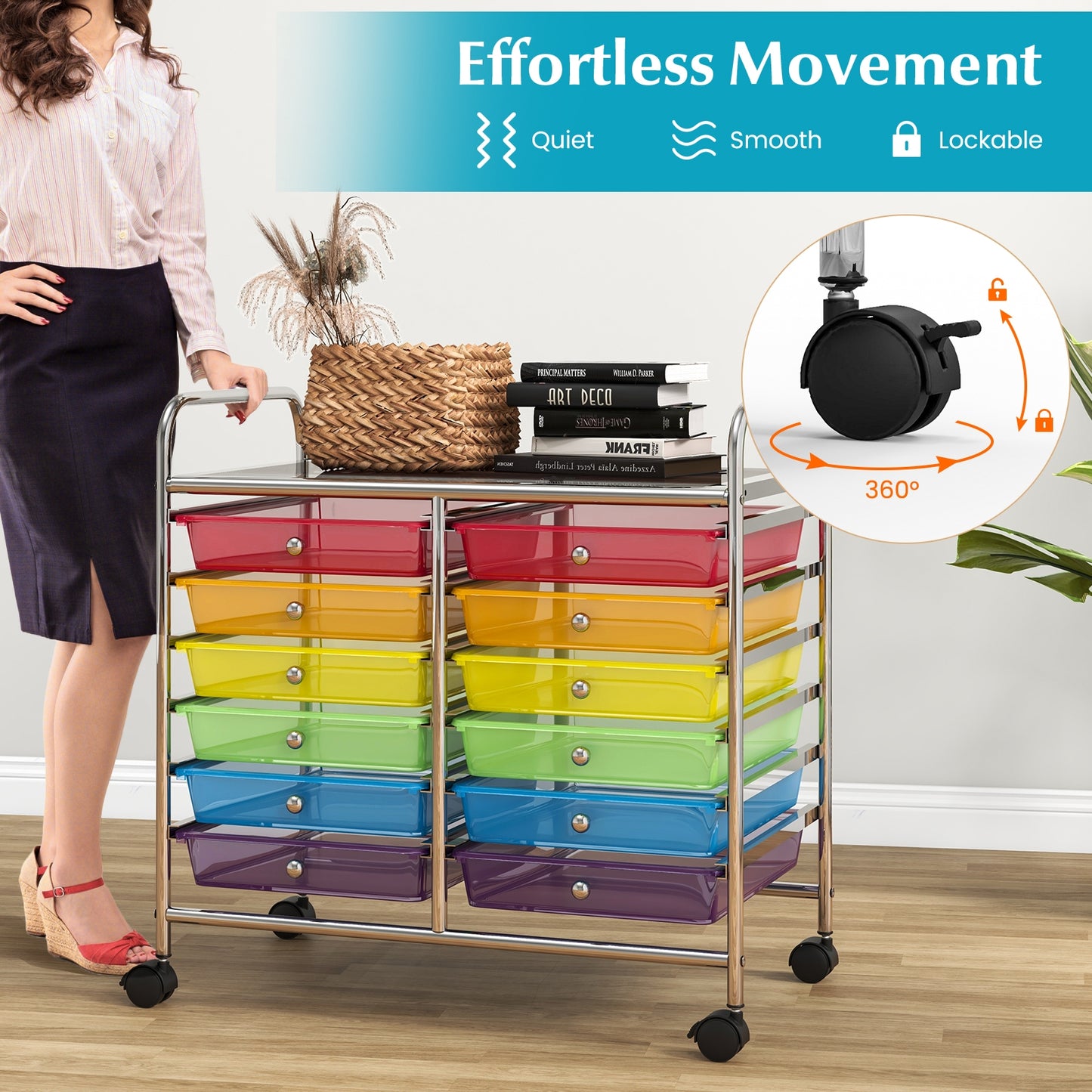 12 Drawers Rolling Storage Cart for Home and Office-Transparent Multicolor Kids Crystal