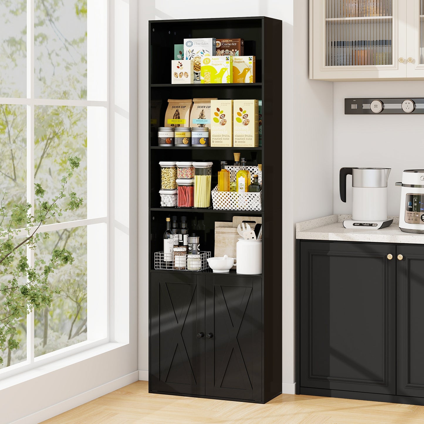 71 Inch Freestanding Bookshelf with 6 Shelves and 2-Door Cabinet-Black Kids Crystal