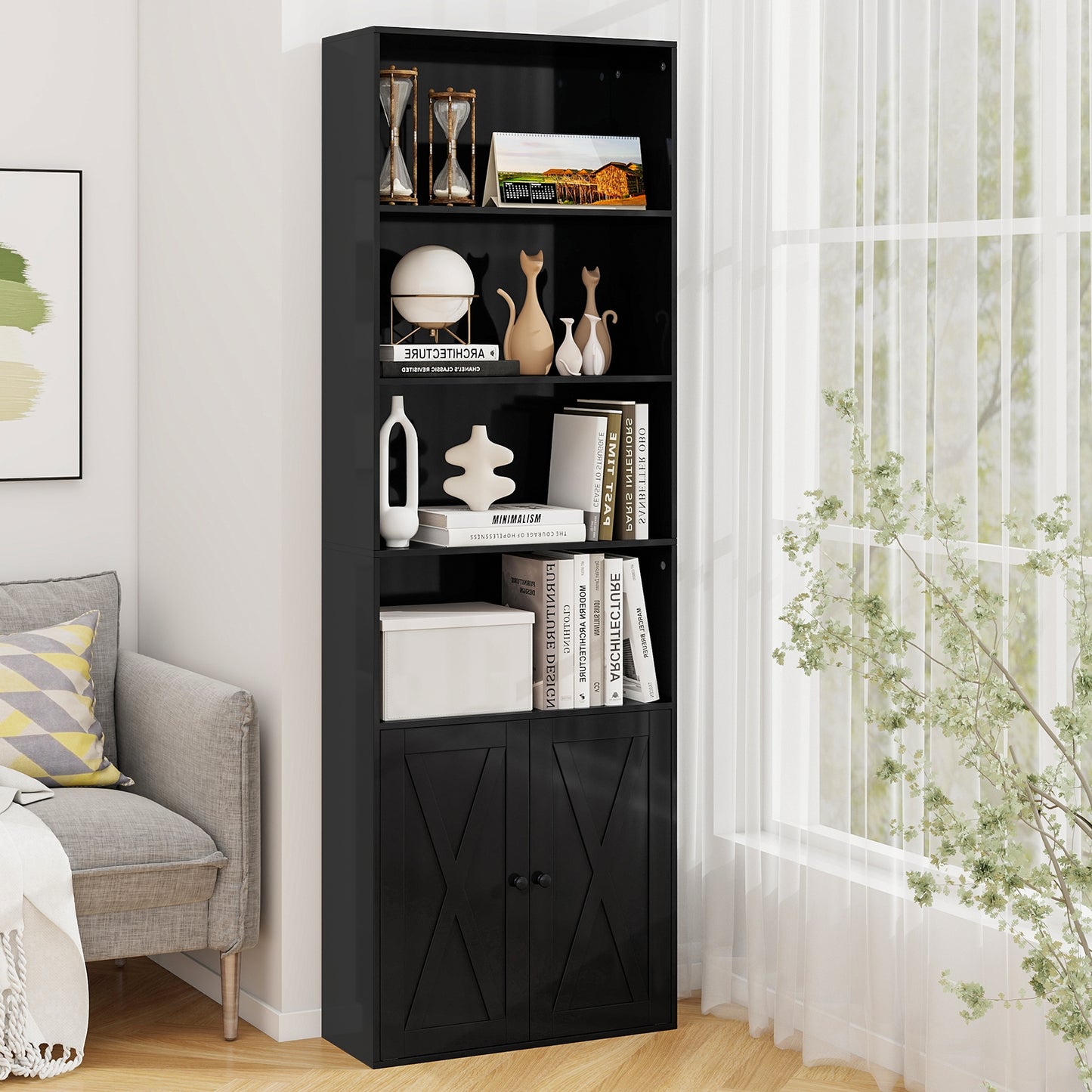 71 Inch Freestanding Bookshelf with 6 Shelves and 2-Door Cabinet-Black Kids Crystal
