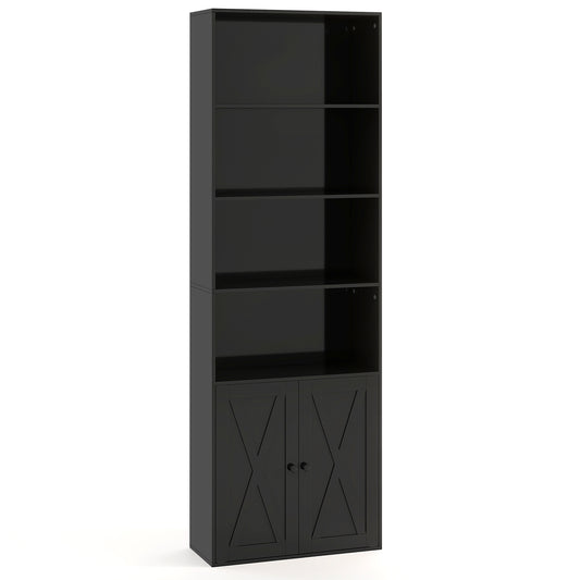 71 Inch Freestanding Bookshelf with 6 Shelves and 2-Door Cabinet-Black Kids Crystal