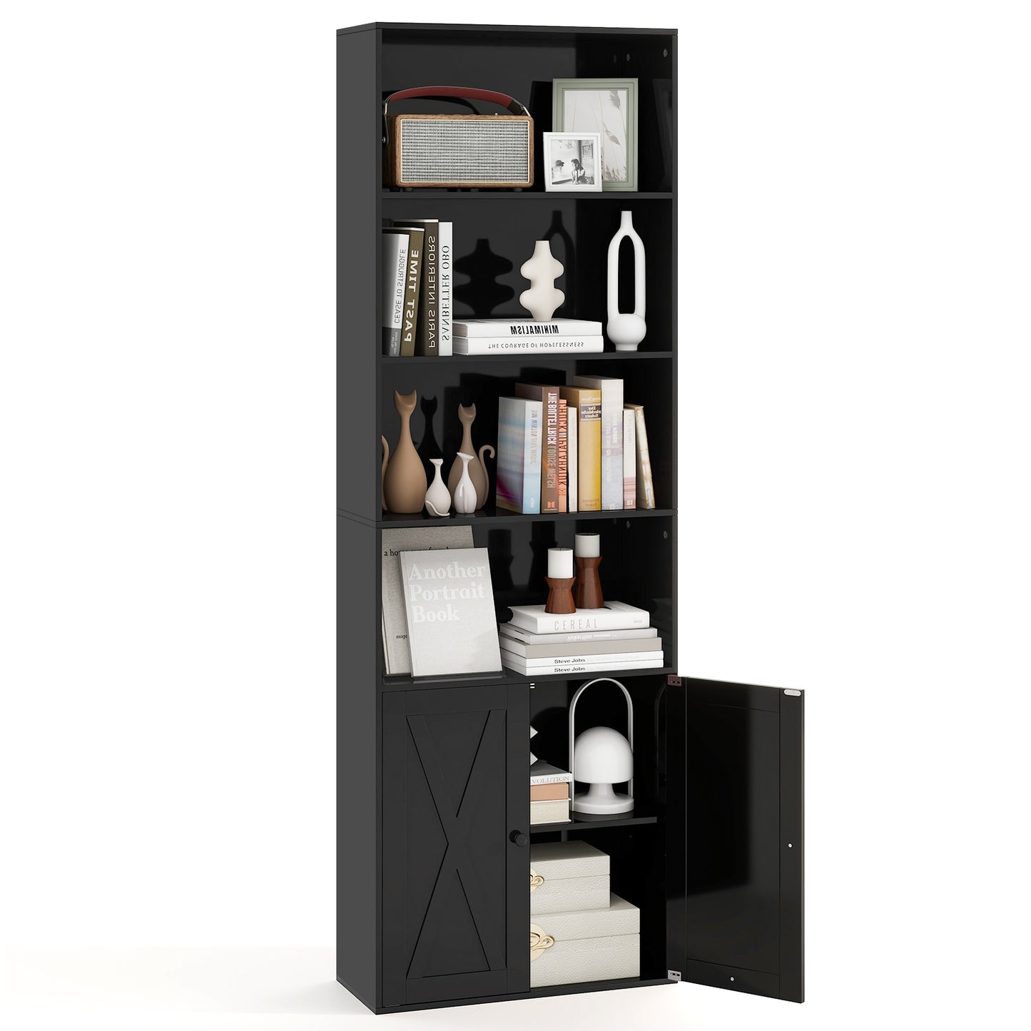71 Inch Freestanding Bookshelf with 6 Shelves and 2-Door Cabinet-Black Kids Crystal