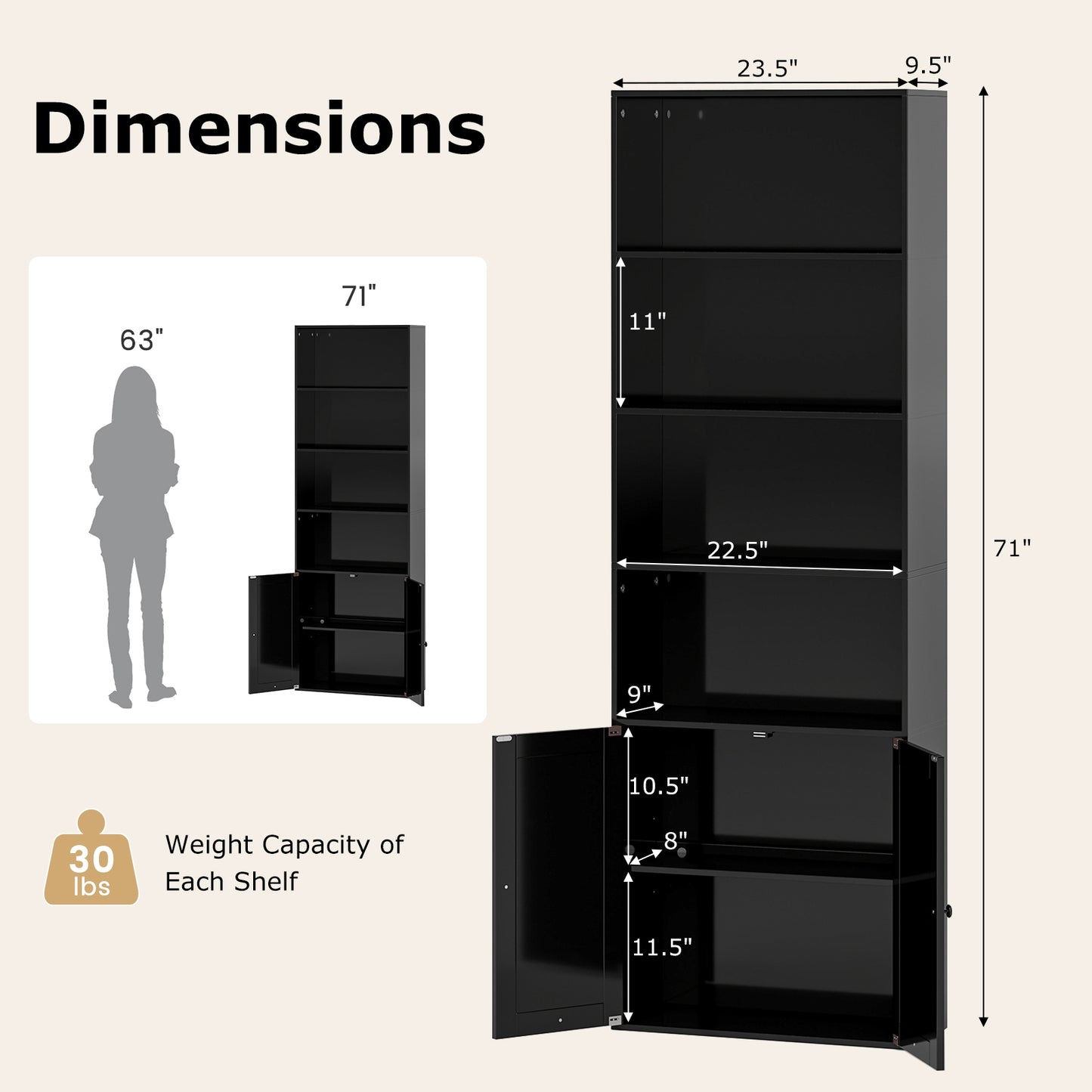 71 Inch Freestanding Bookshelf with 6 Shelves and 2-Door Cabinet-Black Kids Crystal