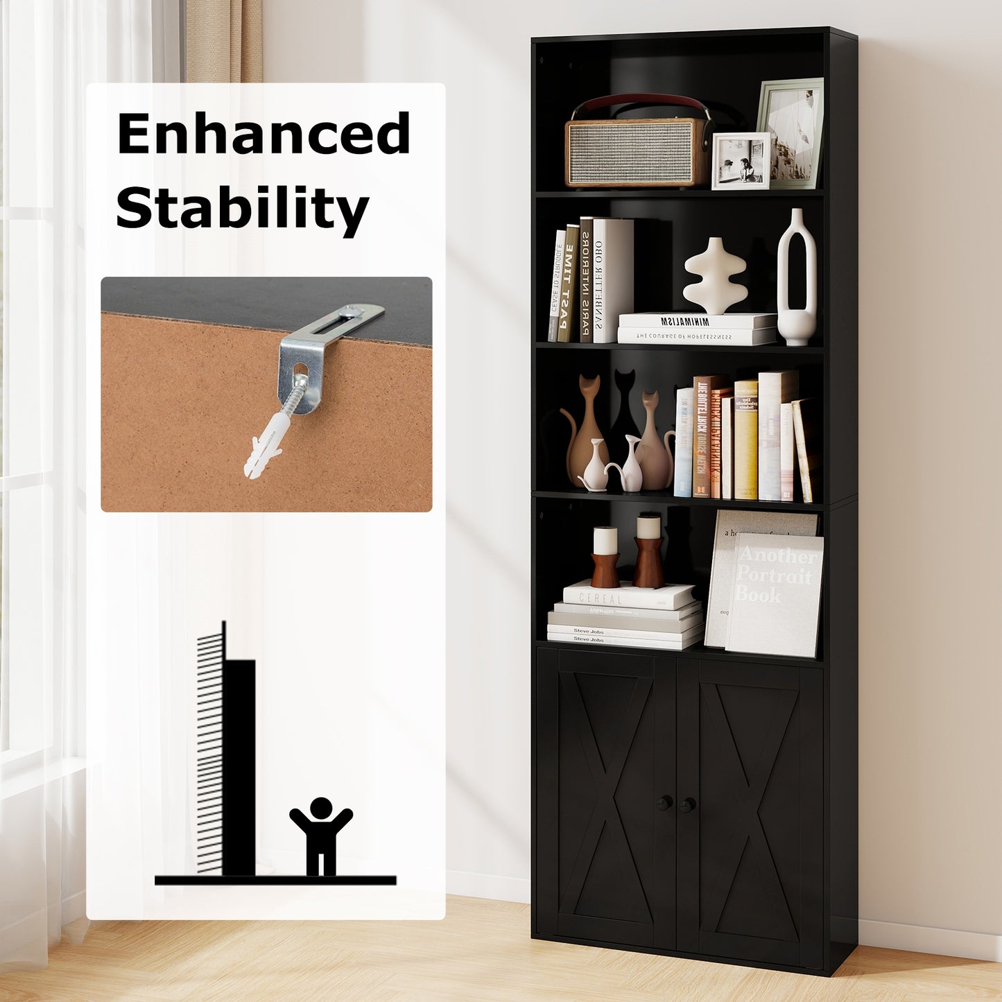 71 Inch Freestanding Bookshelf with 6 Shelves and 2-Door Cabinet-Black Kids Crystal