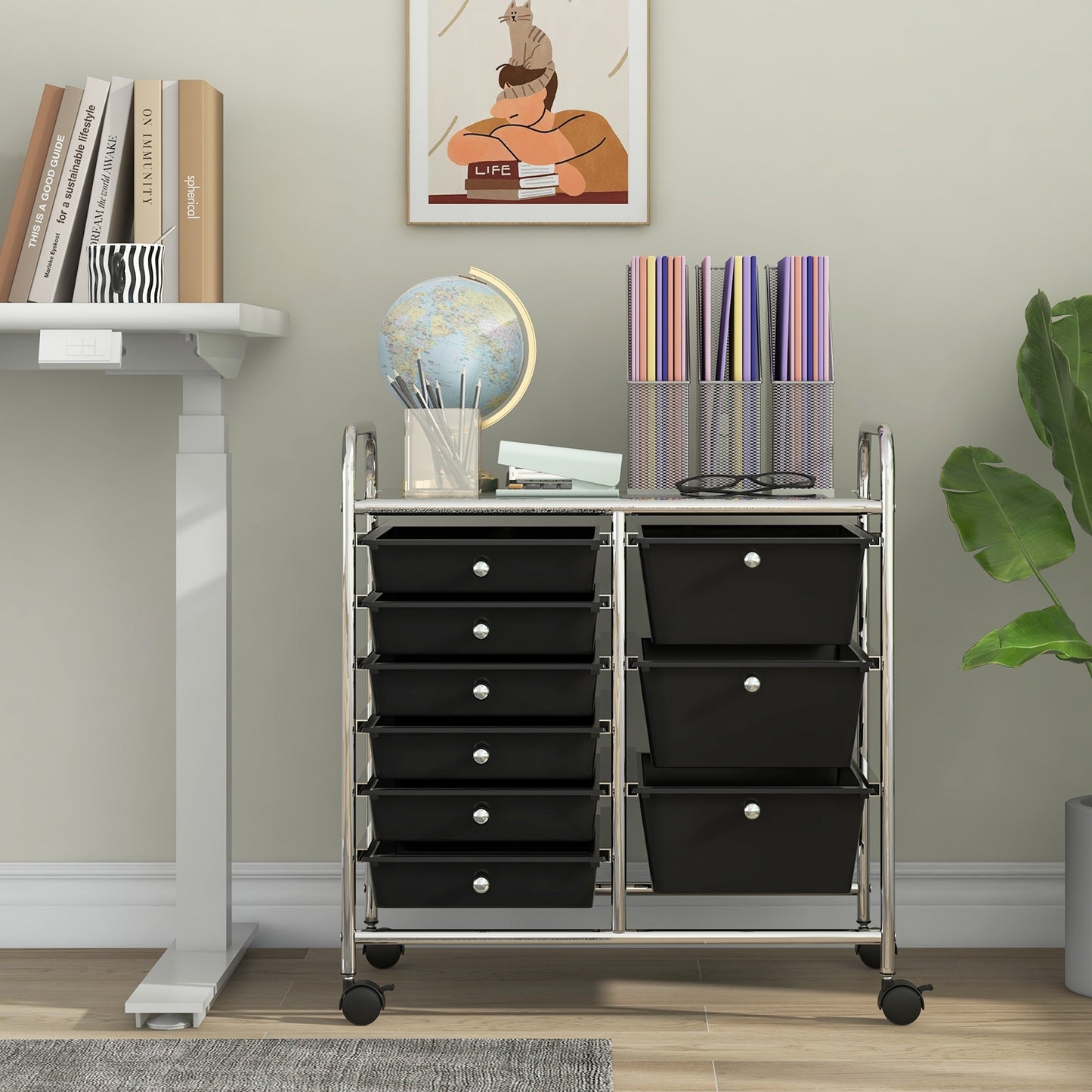 9-Drawer Rolling Storage Cart with Colorful Drawers and Metal Frame-Black Kids Crystal