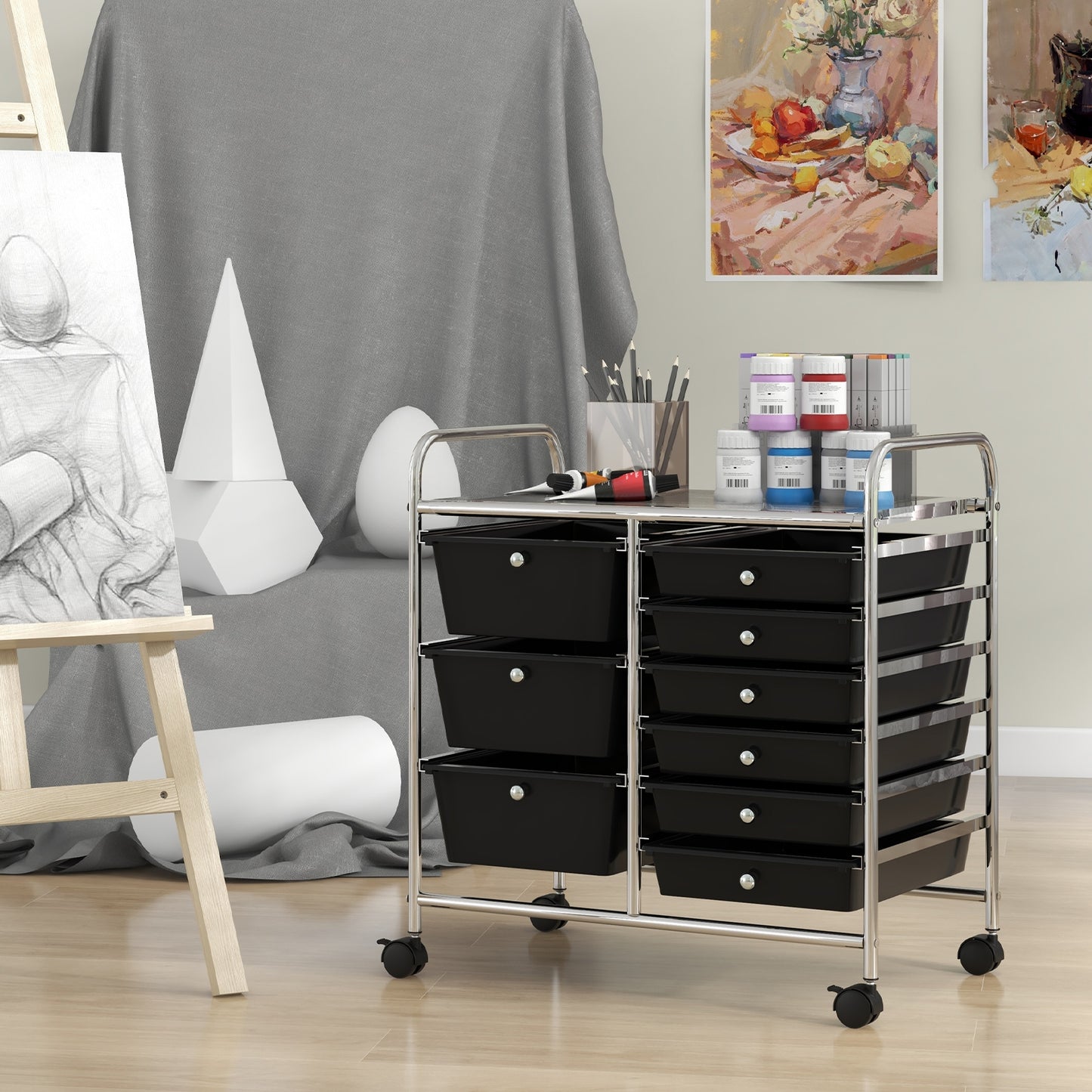 9-Drawer Rolling Storage Cart with Colorful Drawers and Metal Frame-Black Kids Crystal