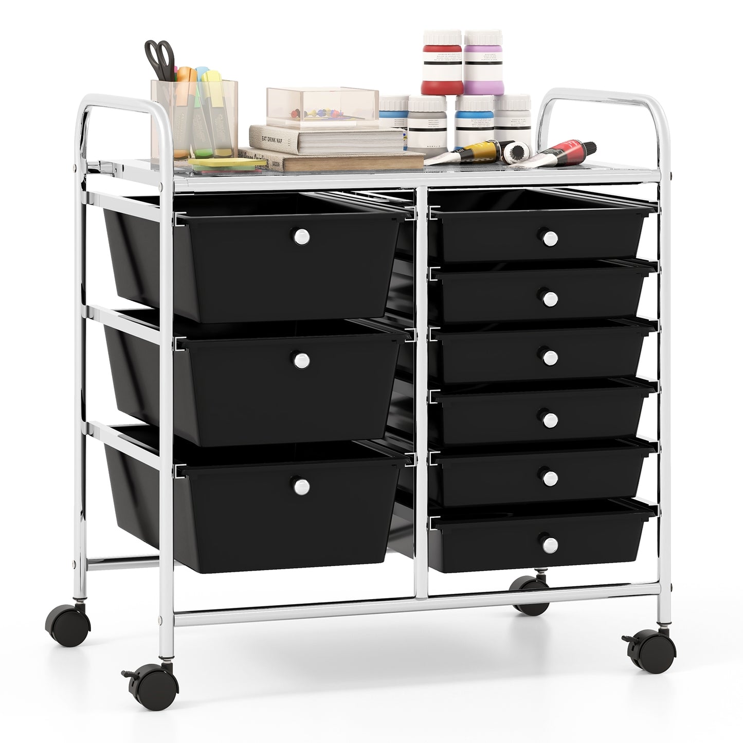 9-Drawer Rolling Storage Cart with Colorful Drawers and Metal Frame-Black Kids Crystal