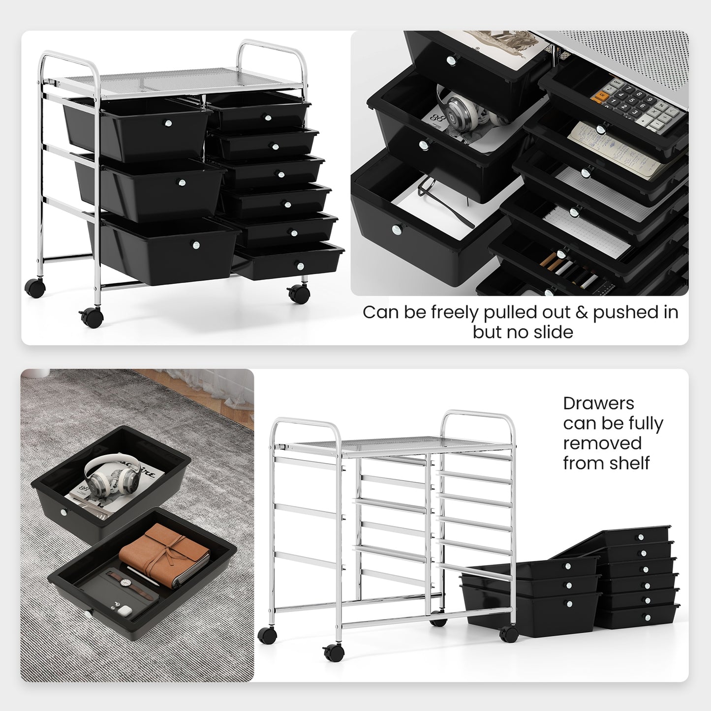 9-Drawer Rolling Storage Cart with Colorful Drawers and Metal Frame-Black Kids Crystal