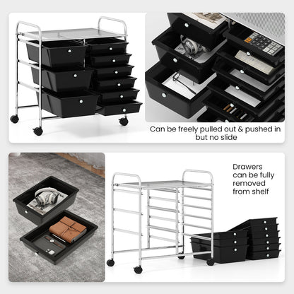 9-Drawer Rolling Storage Cart with Colorful Drawers and Metal Frame-Black