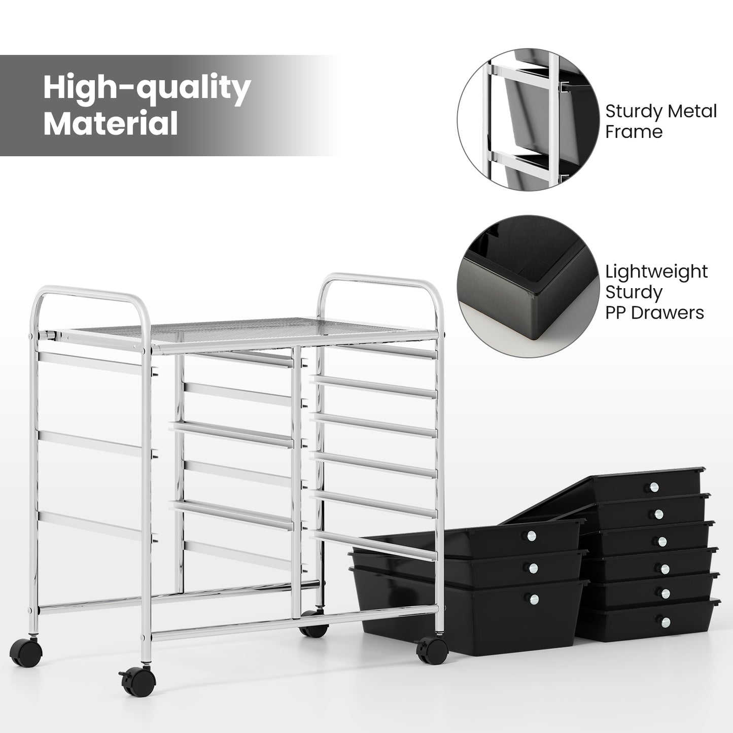 9-Drawer Rolling Storage Cart with Colorful Drawers and Metal Frame-Black Kids Crystal