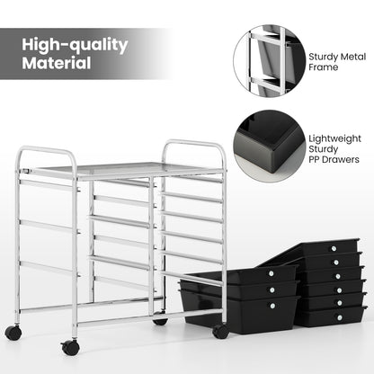 9-Drawer Rolling Storage Cart with Colorful Drawers and Metal Frame-Black