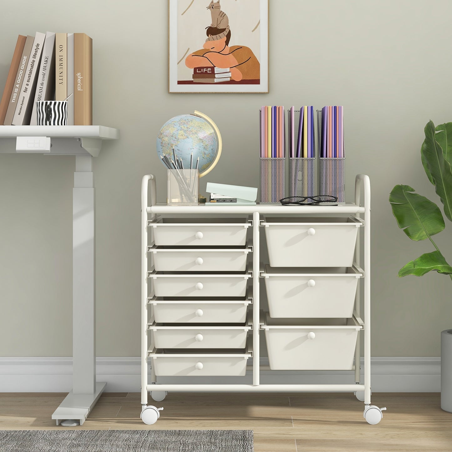 9-Drawer Rolling Storage Cart with Colorful Drawers and Metal Frame-White Kids Crystal