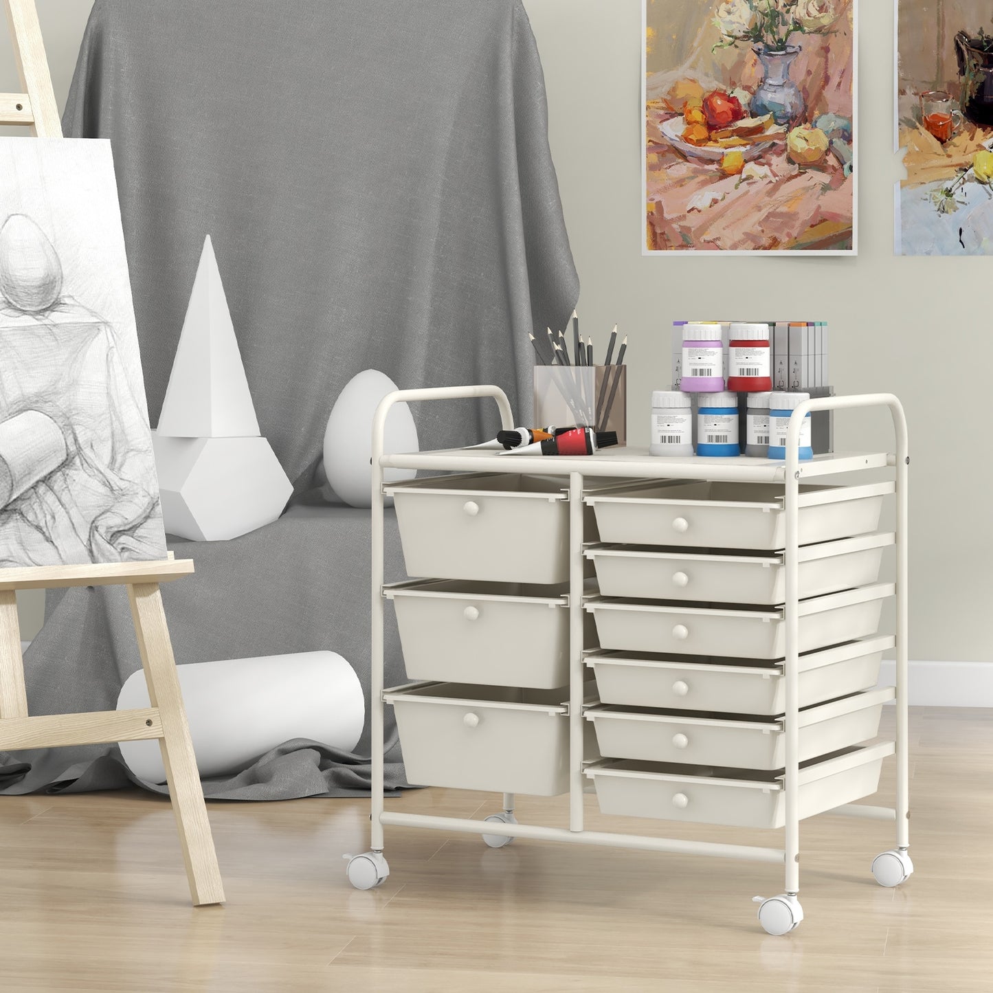 9-Drawer Rolling Storage Cart with Colorful Drawers and Metal Frame-White Kids Crystal