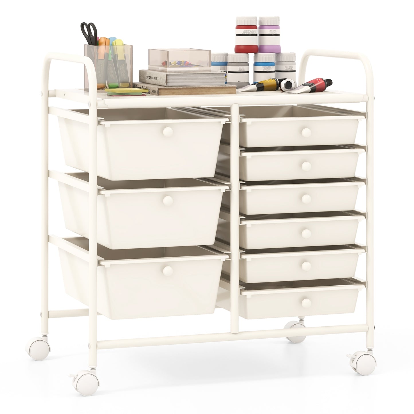 9-Drawer Rolling Storage Cart with Colorful Drawers and Metal Frame-White Kids Crystal