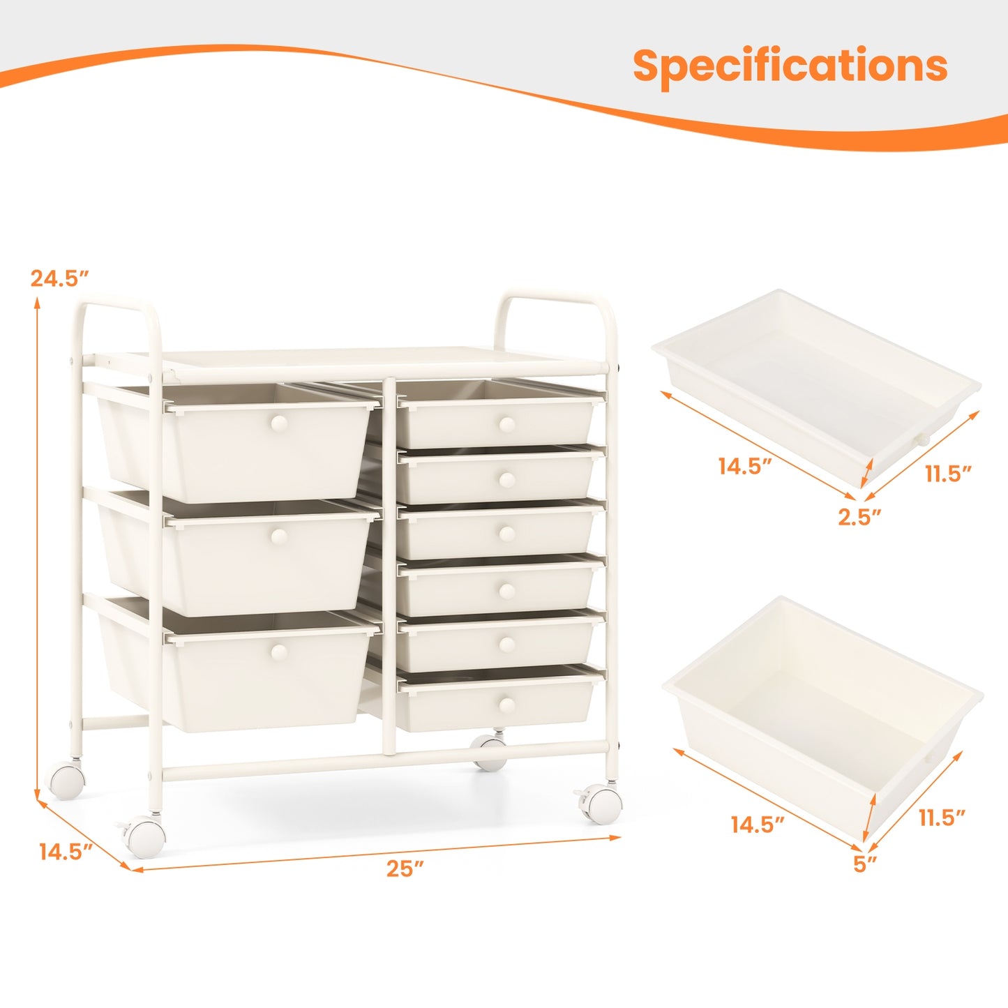 9-Drawer Rolling Storage Cart with Colorful Drawers and Metal Frame-White Kids Crystal