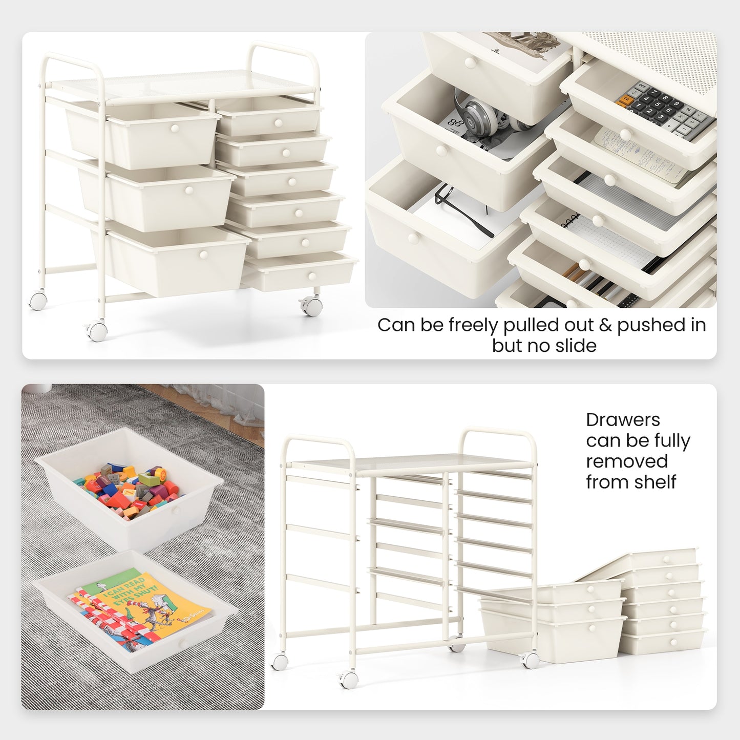 9-Drawer Rolling Storage Cart with Colorful Drawers and Metal Frame-White Kids Crystal