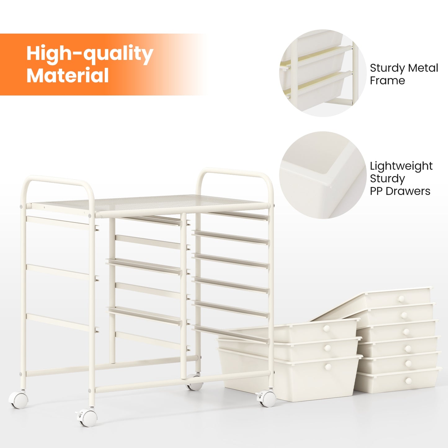 9-Drawer Rolling Storage Cart with Colorful Drawers and Metal Frame-White Kids Crystal