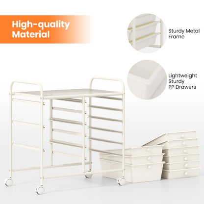9-Drawer Rolling Storage Cart with Colorful Drawers and Metal Frame-White