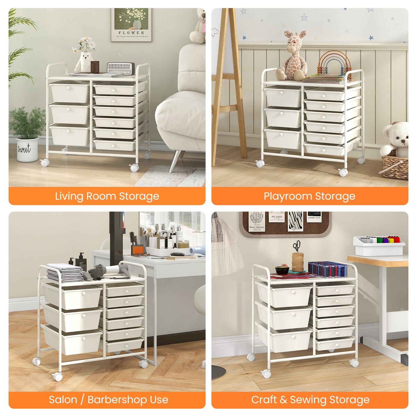 9-Drawer Rolling Storage Cart with Colorful Drawers and Metal Frame-White Kids Crystal