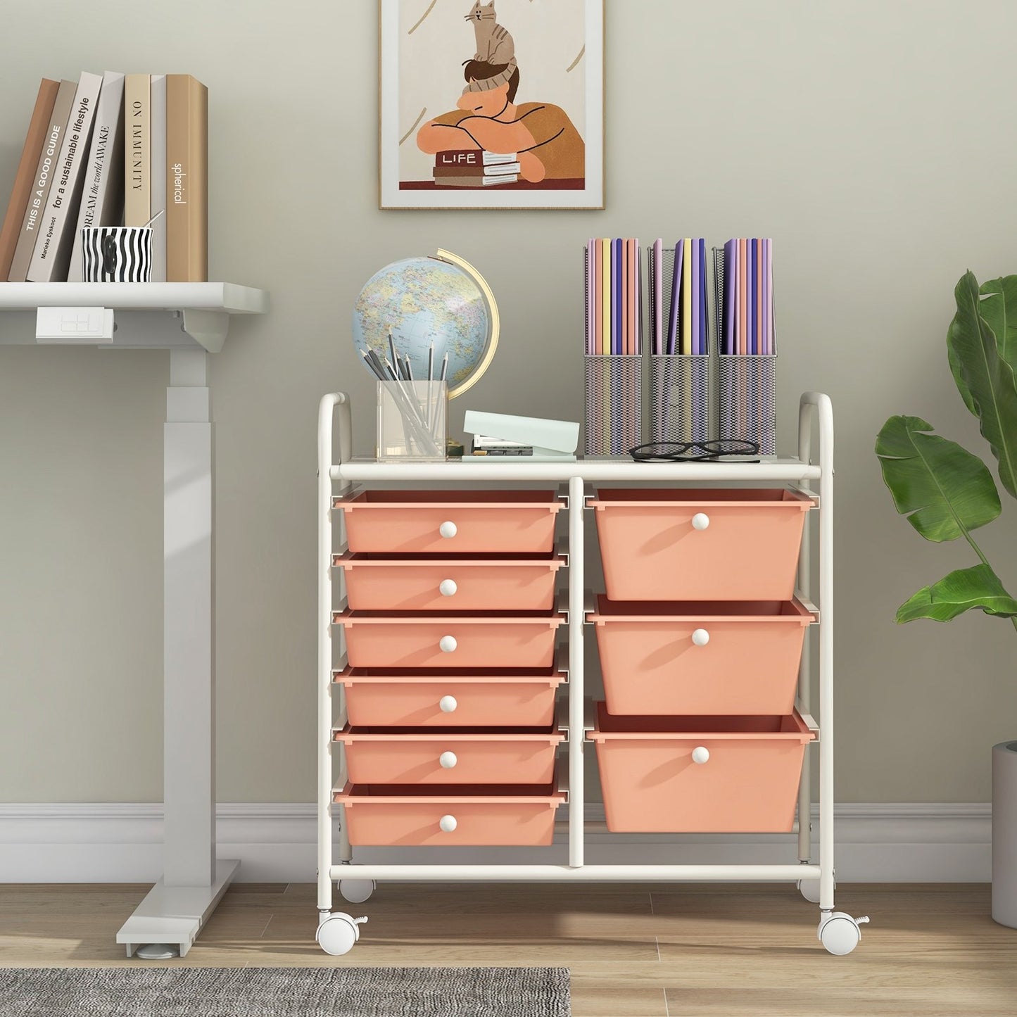 9-Drawer Rolling Storage Cart with Colorful Drawers and Metal Frame-Peach Kids Crystal