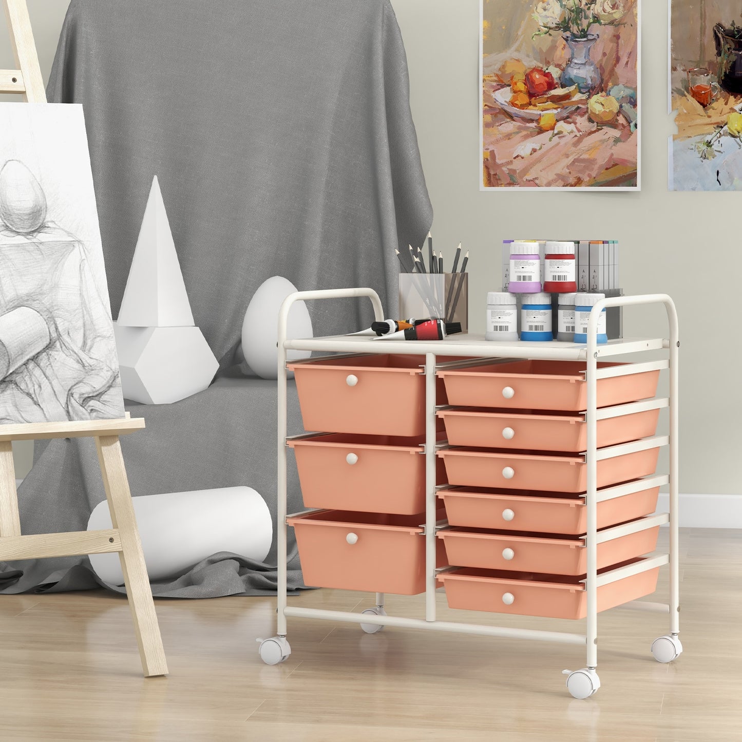 9-Drawer Rolling Storage Cart with Colorful Drawers and Metal Frame-Peach Kids Crystal