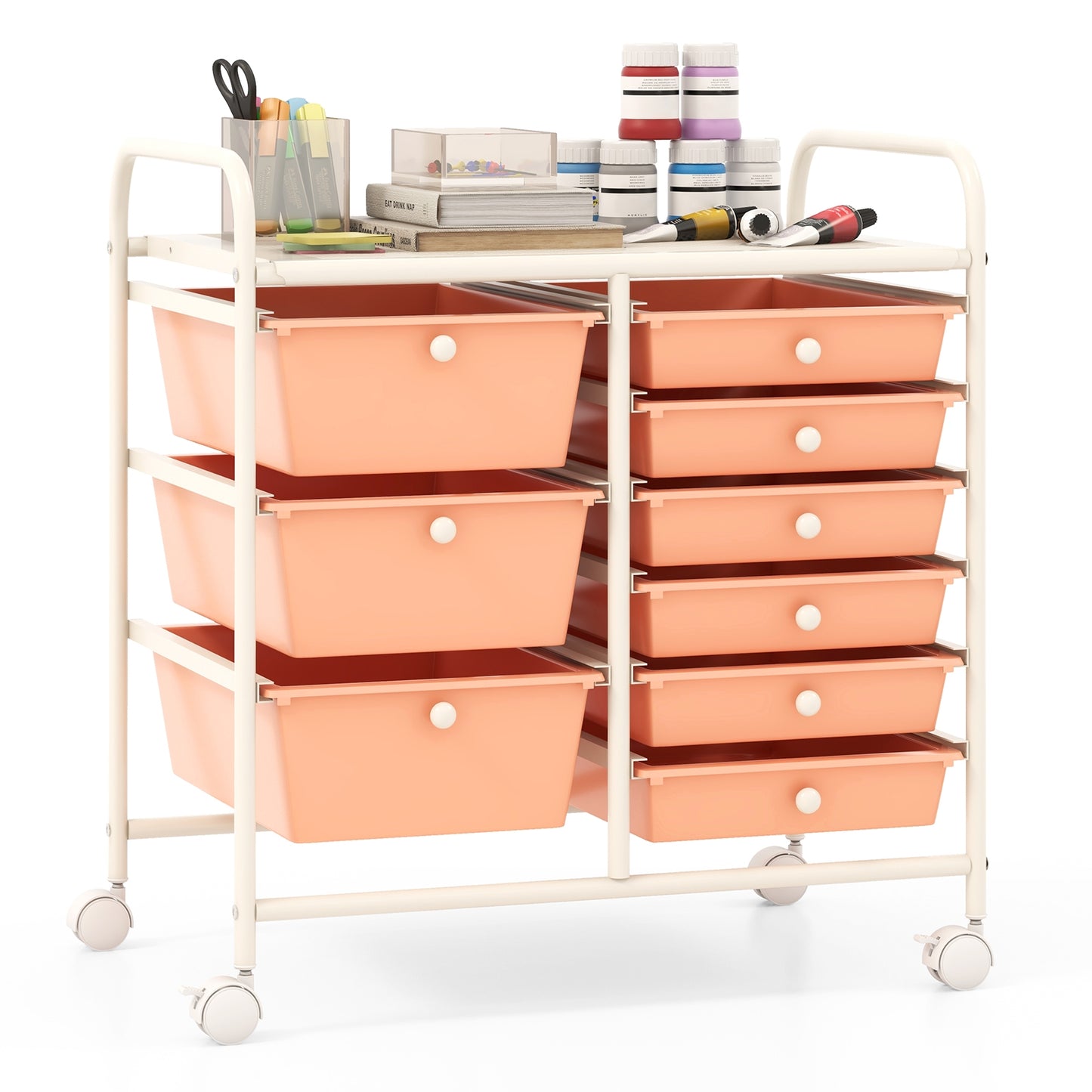 9-Drawer Rolling Storage Cart with Colorful Drawers and Metal Frame-Peach Kids Crystal