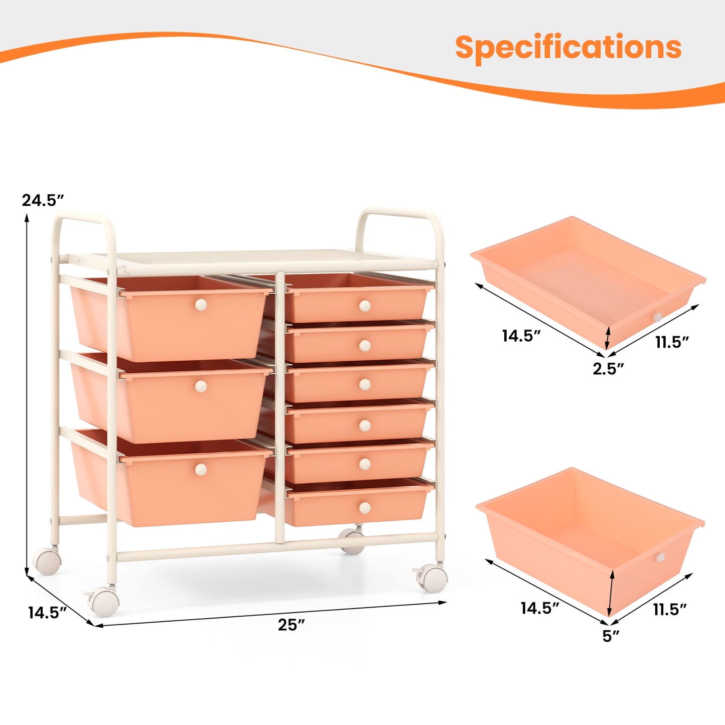 9-Drawer Rolling Storage Cart with Colorful Drawers and Metal Frame-Peach Kids Crystal