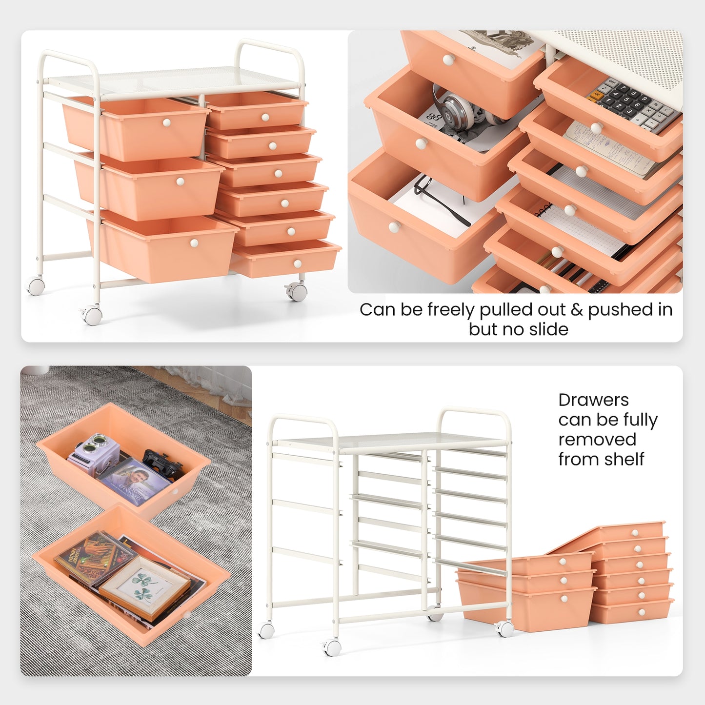 9-Drawer Rolling Storage Cart with Colorful Drawers and Metal Frame-Peach Kids Crystal