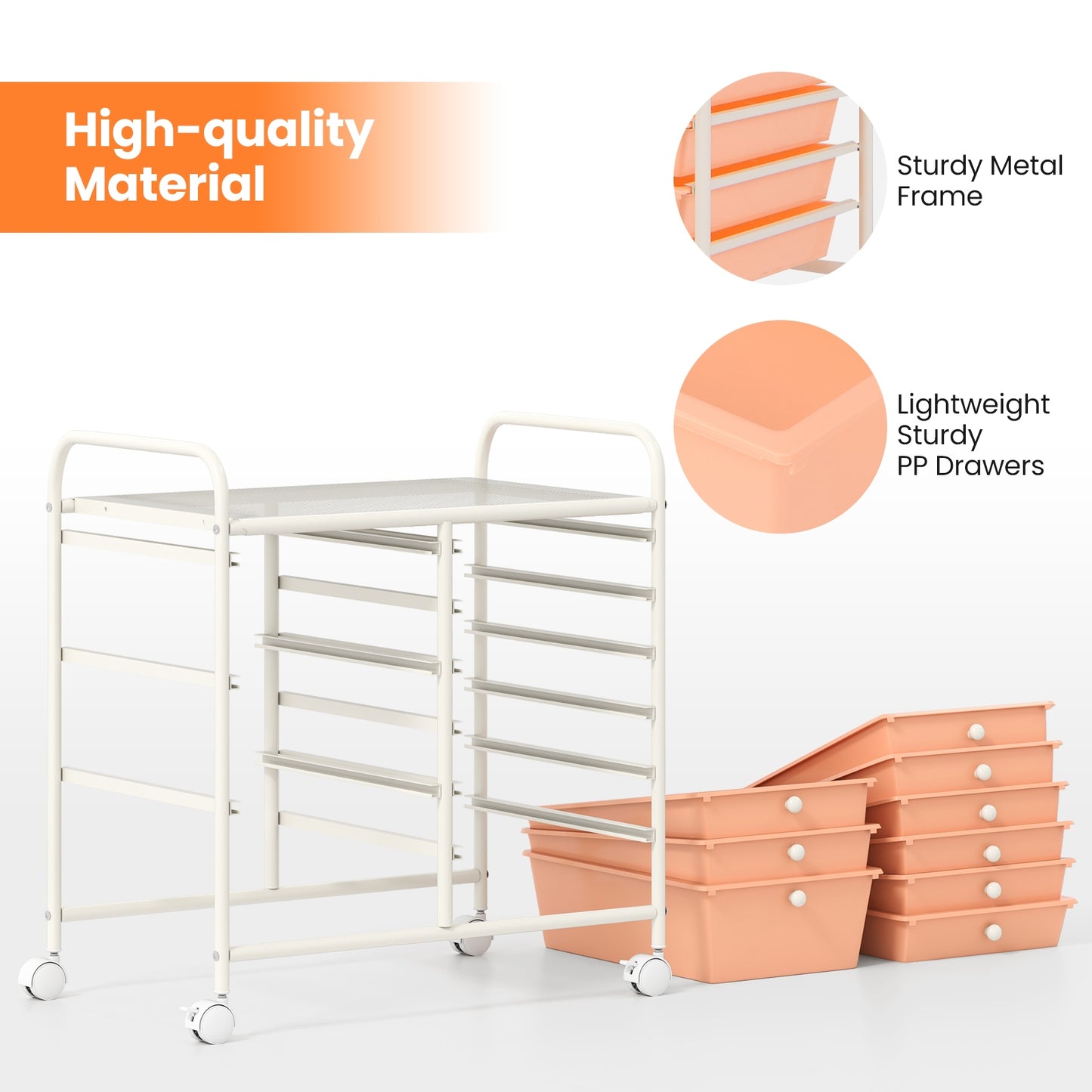9-Drawer Rolling Storage Cart with Colorful Drawers and Metal Frame-Peach Kids Crystal