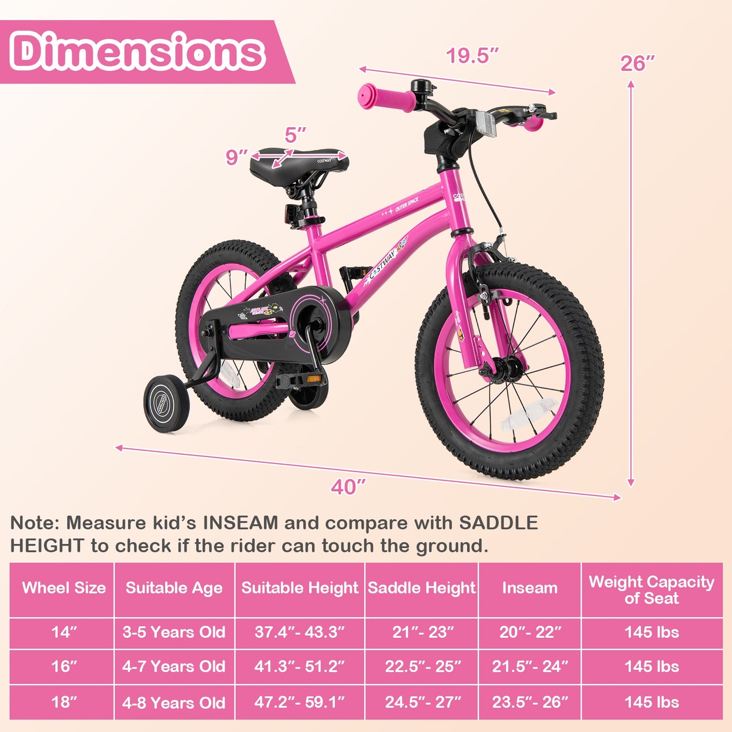 14 Inch Kids Bike for 3-5 Years Old Adjustable with Removable Training Wheels Kids Crystal