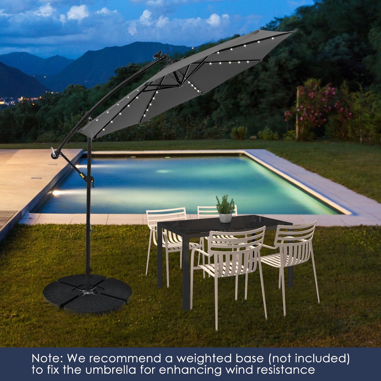 10 Feet Solar Offset Hanging Umbrella with 40 Lamp Beads and Solar Panel-Gray Kids Crystal