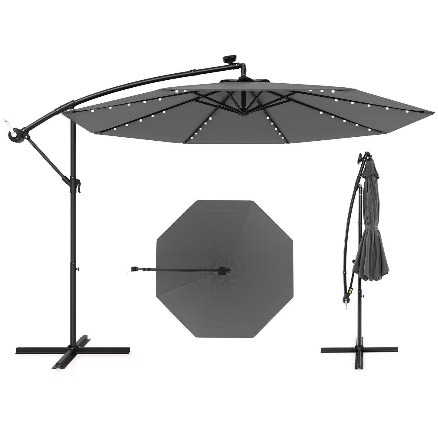 10 Feet Solar Offset Hanging Umbrella with 40 Lamp Beads and Solar Panel-Gray Kids Crystal