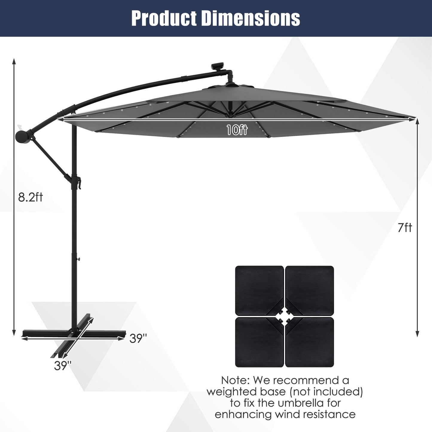 10 Feet Solar Offset Hanging Umbrella with 40 Lamp Beads and Solar Panel-Gray Kids Crystal