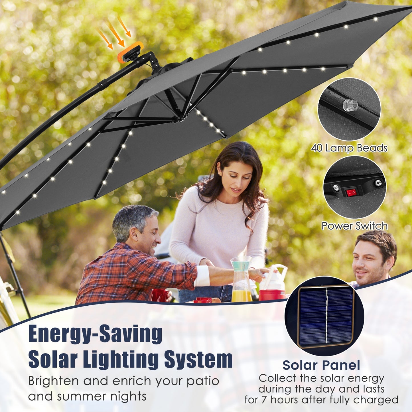 10 Feet Solar Offset Hanging Umbrella with 40 Lamp Beads and Solar Panel-Gray Kids Crystal