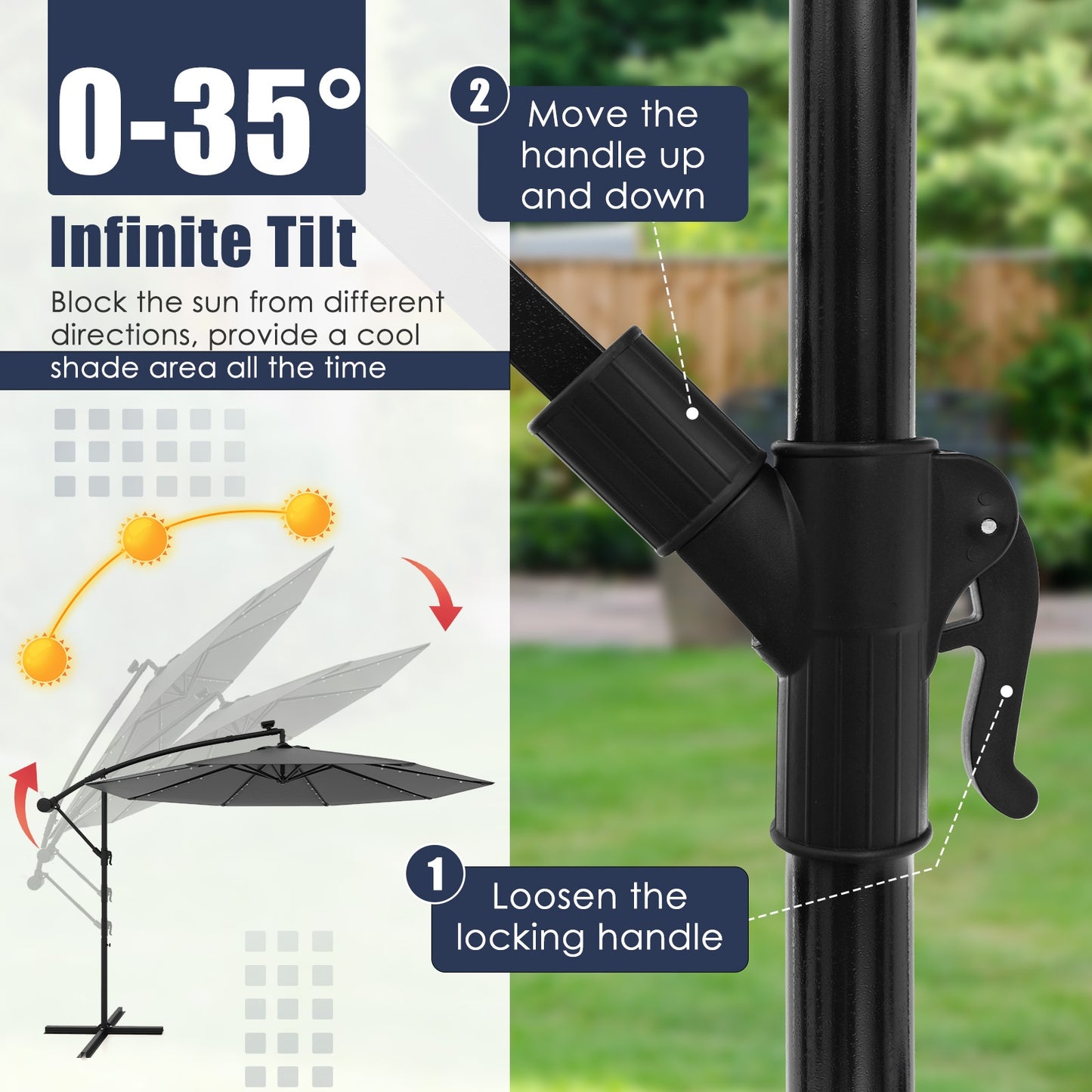 10 Feet Solar Offset Hanging Umbrella with 40 Lamp Beads and Solar Panel-Gray Kids Crystal