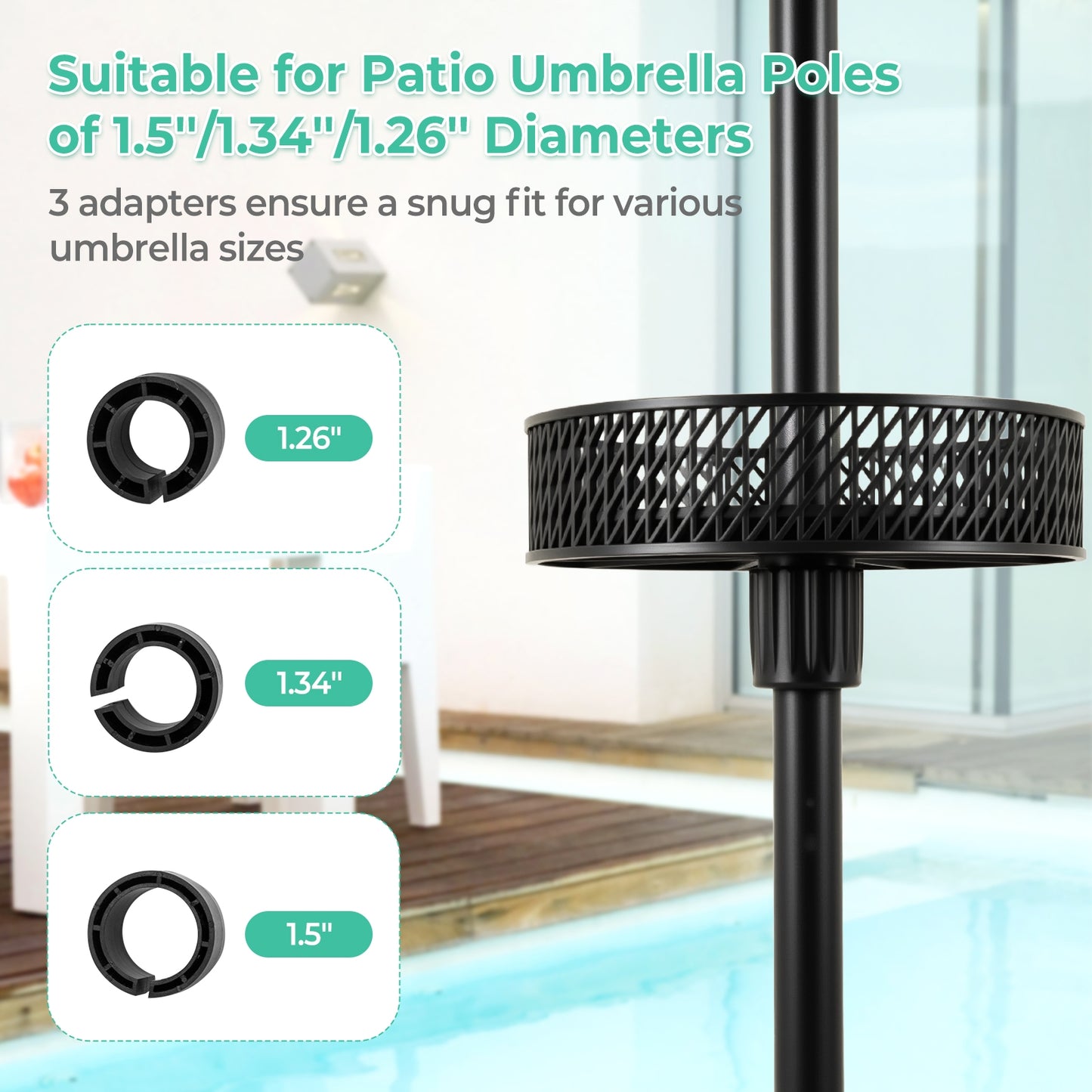 Patio Umbrella Table Tray Adjustable with Storage and Umbrella Poles-Black Kids Crystal