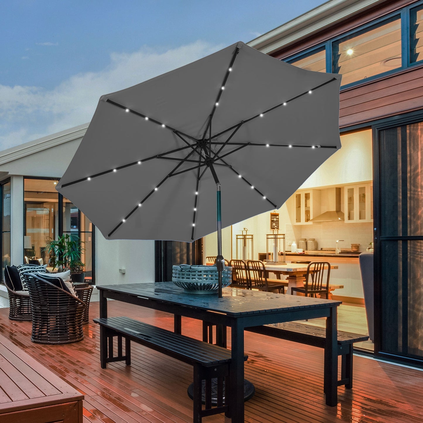 10 Feet Outdoor Patio Umbrella with Bright Solar LED Lights-Gray Kids Crystal
