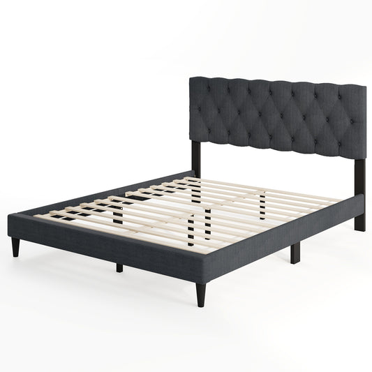 Upholstered Platform Bed with Tufted Headboard and Wooden Slats Gray-Queen Size Kids Crystal