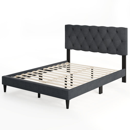 Upholstered Platform Bed with Tufted Headboard and Wooden Slats Gray-Full Size Kids Crystal