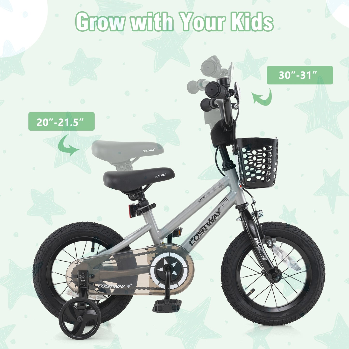 14 Inch Kids Bike Adjustable with Transparent Chain Cover for 4-5 Years Old Kids Crystal