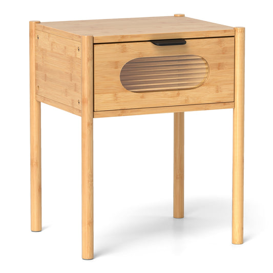 Bamboo Nightstand Square Tall End Table with Decorated Drawer-Natural Kids Crystal