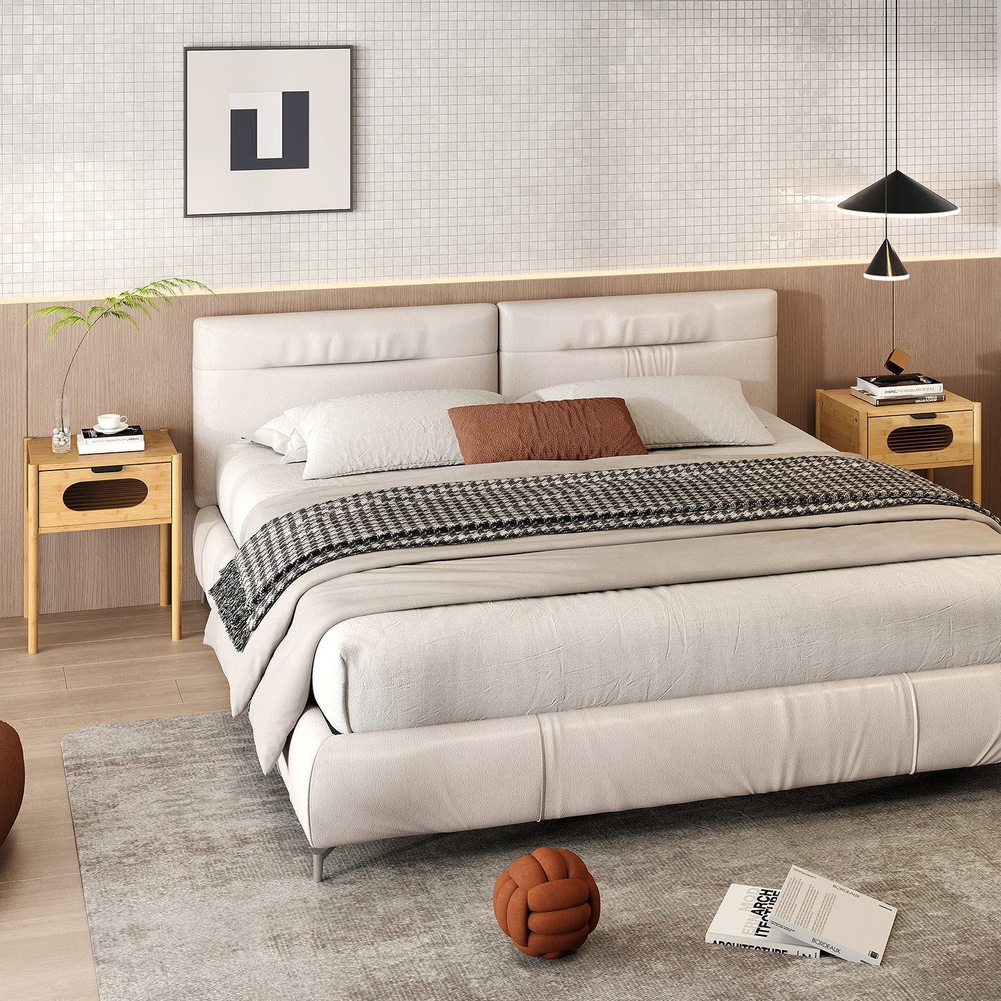 Bamboo Nightstand Square Tall End Table with Decorated Drawer-Natural Kids Crystal