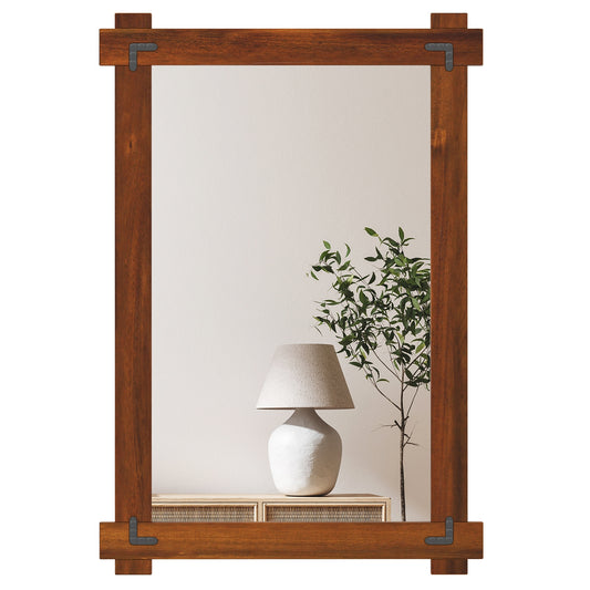 Wood Framed Mirror with Acacia Wood Frame and Vintage Rivet Design Brown-M Kids Crystal