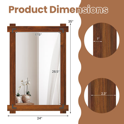 Wood Framed Mirror with Acacia Wood Frame and Vintage Rivet Design Brown-M