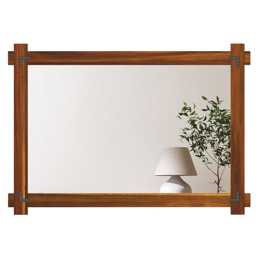 Wood Framed Mirror with Acacia Wood Frame and Vintage Rivet Design Brown-L Kids Crystal