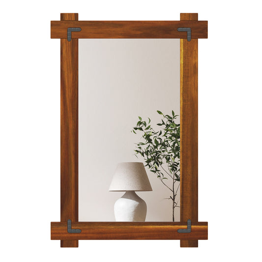 Wood Framed Mirror with Acacia Wood Frame and Vintage Rivet Design Brown-S Kids Crystal